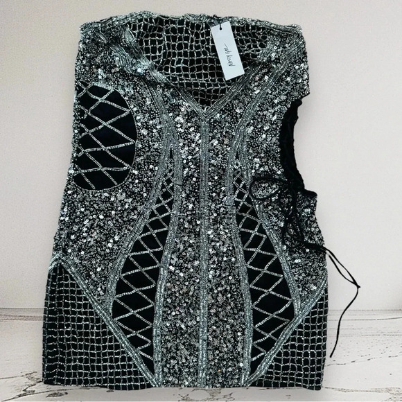 NEW NASTY GAL Bandeau Sequin Lace Up Cut Out Mini Dress Size 8 - Picture 9 of 12
